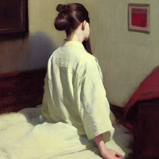 Image similar to girl with pigtails, in kimono, backview, sitting on edge of bed, by jeremy lipking, tim rees, joseph todorovitch