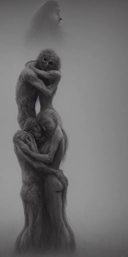 Prompt: death man and women hugging, in the style of keith thompson and zdzislaw beksinski, artstation hd, 8 k, surrealistic digital artwork