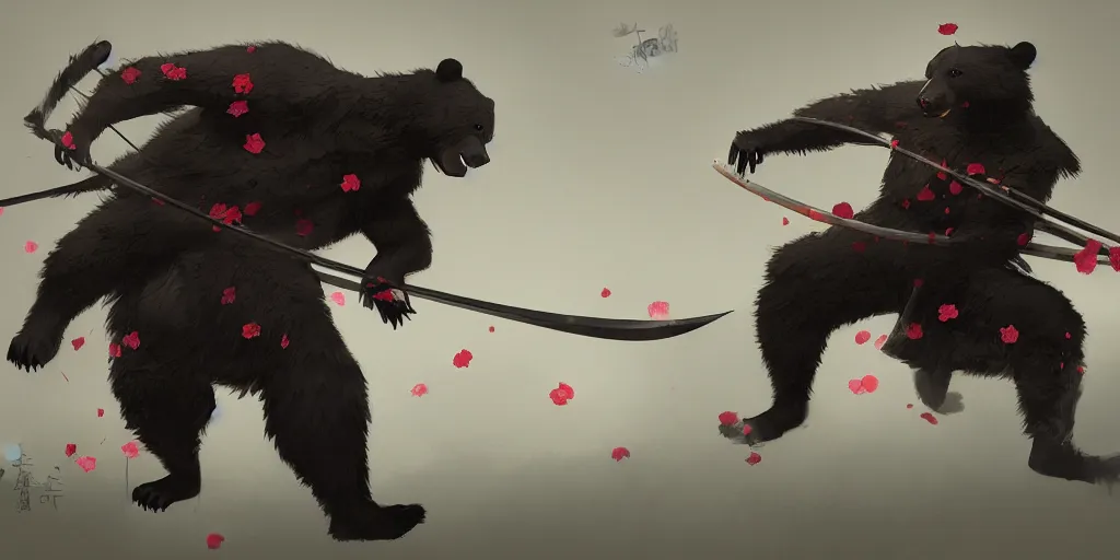 Image similar to an environmental concept art of anthropomorphic asian black bear samurai, samurai duel, sakura petals blowing in the wind, highly detailed, environmental light, cinematic by francis tneh