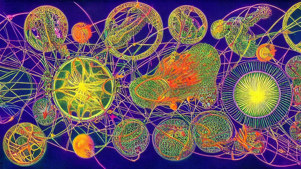 Image similar to quantum connections represented as symbiotic organisms like cells playing around with colorful lights by ernst haeckel, connectivity, sharp, futuristic, magnetic