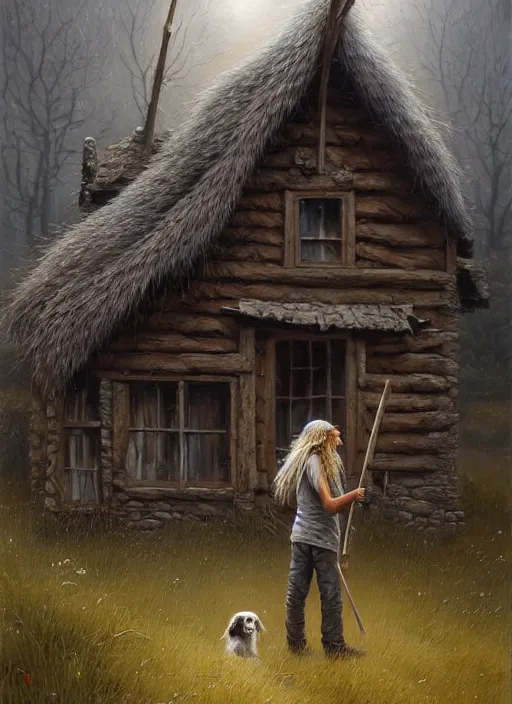 Image similar to highly detailed hyperrealistic painting of a blonde long - haired hillbilly standing in front of old rough house holding a stick, with his fluffy black and gray australian shepherd, bonfire, stephen bliss, art by greg rutkowski, loish, rhads, ferdinand knab, makoto shinkai and lois van baarle, tom bagshaw, global illumination, artstation