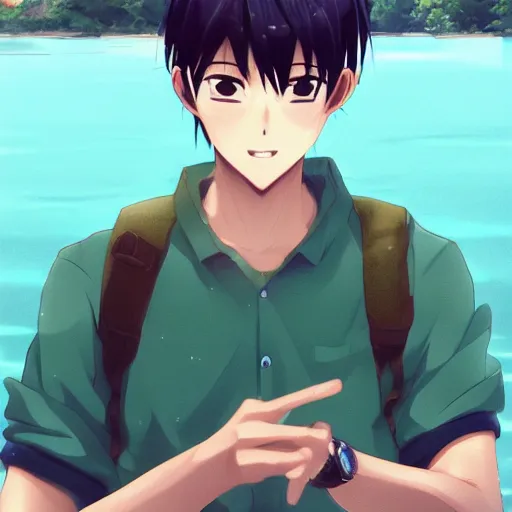 Image similar to a very cool anime boy, full body, sharp brown hair, sky blue eyes, full round face, big smile, green shirt, brown shorts, front view, summer lake setting, cinematic lightning, medium shot, mid-shot, highly detailed, trending on Artstation, Unreal Engine 4k, cinematic wallpaper by Stanley Artgerm Lau, WLOP, Rossdraws, and Sakimichan