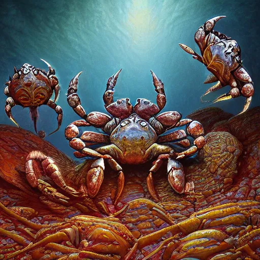 Prompt: photorealistic crab people in the style of michael whelan and gustave dore. hyperdetailed photorealism, 1 0 8 megapixels, amazing depth, glowing rich colors, powerful imagery, psychedelic overtones, 3 d finalrender, 3 d shading, cinematic lighting, artstation concept art