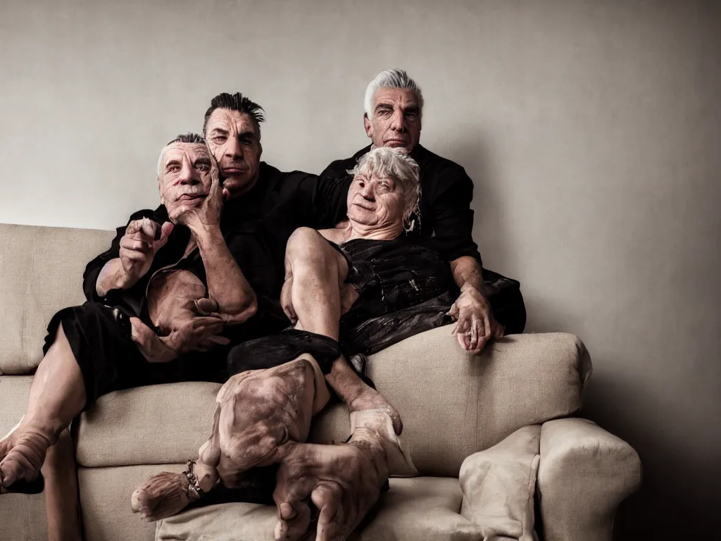 Prompt: close - up photo of a till lindemann sits on the couch with grandmother by steve mccurry, natural lighting, wide lens, 4 k