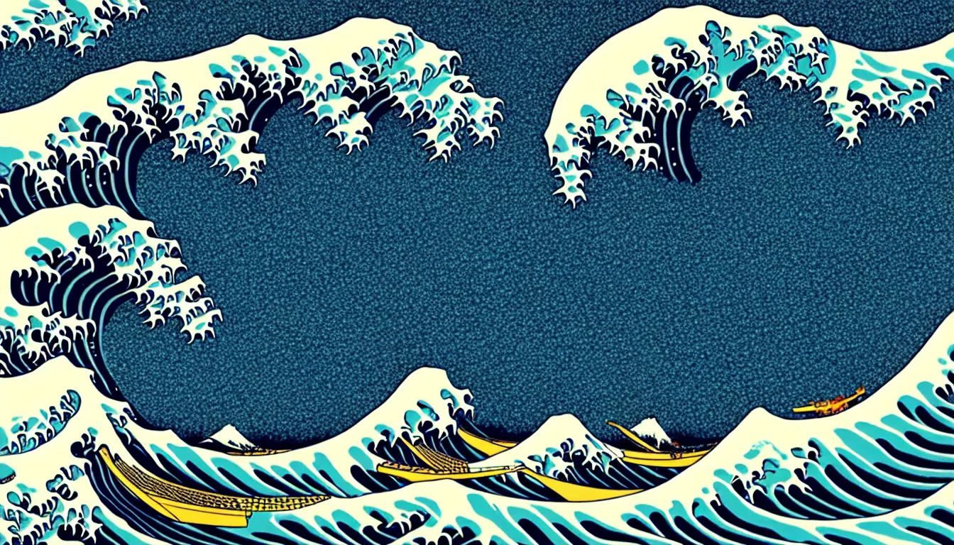 Prompt: the great wave by woodblock print, nicolas delort, moebius, victo ngai, josan gonzalez, kilian eng