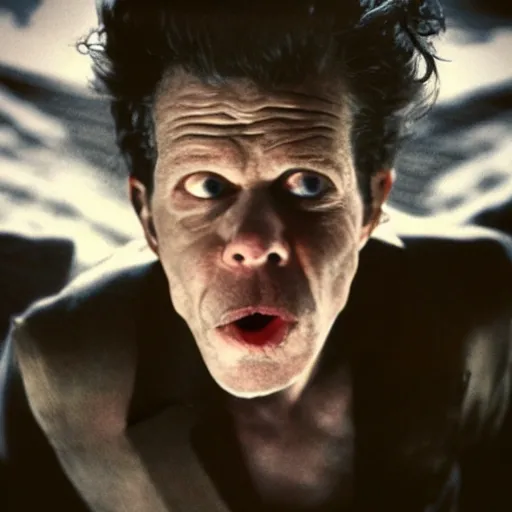 Prompt: tom waits crawling on the ceiling like he is possessed by a demon