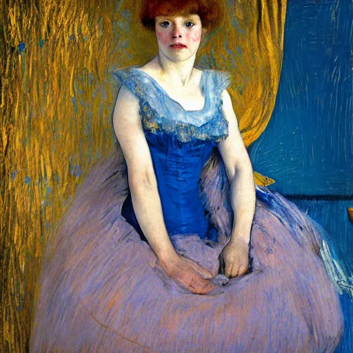 Prompt: palette knife oil painting portrait of a girl in a blue and gold room, film still by goya, by henri de toulouse - lautrec, by klimt, by pontormo, extreme detail, liminal aesthetic, artgerm, deviant art, octane, substance, art history 8 k, art nouveau