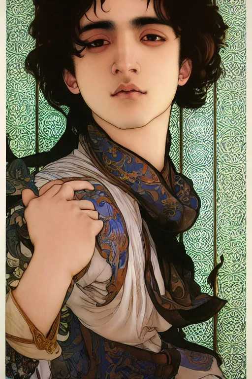 Image similar to beautiful medium shot portrait of a young arabic man inspired by ayami kojima with short hair dressed with a white t - shirt looking into the camera from three - quarters, white background white bank studio light, art by yoshitaka amano, alfons mucha and shingo tamagawa, 8 k