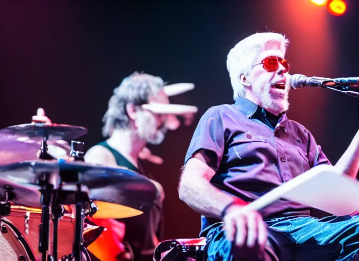 Image similar to photo still of michael mcdonald on stage at vans warped tour!!!!!!!! at age 4 8 years old 4 8 years of age!!!!!!! playing a keyboard thats on fire, 8 k, 8 5 mm f 1. 8, studio lighting, rim light, right side key light