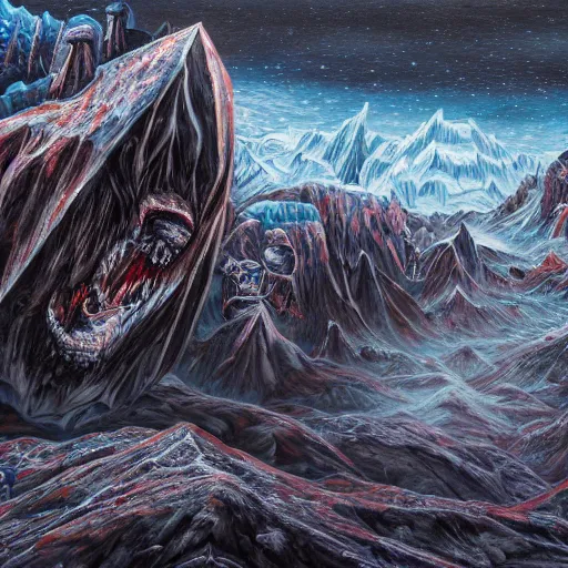 Image similar to menacing presence trailblazer Antarctica glacial cult incomprehensible topology ambience, realistic fantasy, oil painting, extremely high detail, photorealistic, cinematic lighting, oil painting, intricate line drawings, 4k resolution