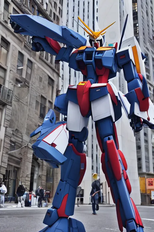 Image similar to realistic action photo of a Gundam in the middle of the New York streets