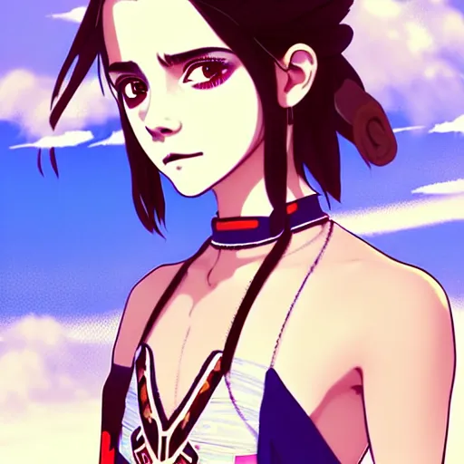 Prompt: a beautiful boyish emma watson alluring instagram model, wearing elaborate japanese hiphop leotard outfit with mayan pattern and native fashion, aztec street fashion bathing suit, jrpg fashion, gapmoe yandere grimdark, trending on pixiv fanbox, painted by greg rutkowski makoto shinkai takashi takeuchi studio ghibli, akihiko yoshida