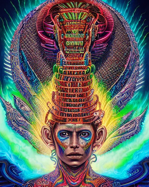 Prompt: a portrait of a mayan quetzalcoatl goddess with a lazer shining into the top of her head, pieces expanding from impact aquamarine and red, by android jones, by ben ridgeway, by ross draws, by Noah Bradley, by Maciej Kuciara + illustrative + visionary art + low angle + oil painting + Visionary art, DMT, psychedelic, The god particle, utopia profile, artgerm, featured in artstation, elegant, Moebius, Greg rutkowski