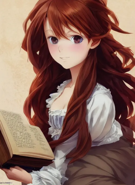 Image similar to a close up of a victorian maid with long flowing auburn hair sitting on a bed holding a book. cute anime eyes. by makoto shinkai, stanley artgerm lau, wlop, rossdraws, james jean, andrei riabovitchev, marc simonetti, krenz cushart, sakimichan, trending on artstation, digital art.