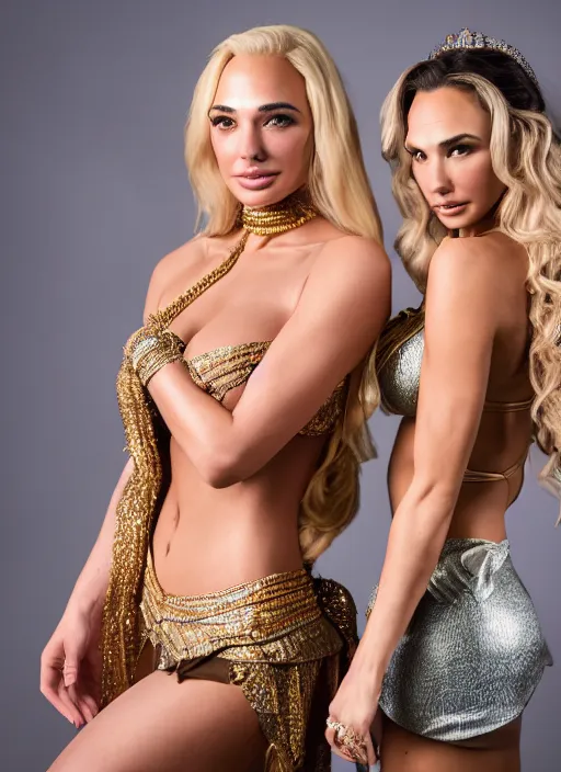 Image similar to portrait of lindsey pelas and gal gadot wearing as princess jasmine, by charlotte grimm, natural light, detailed face, beautiful features, symmetrical, canon eos c 3 0 0, ƒ 1. 8, 3 5 mm, 8 k, medium - format print, half body shot