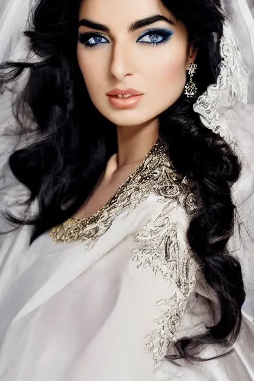 Image similar to Ameera al-Taweel, blue eyes, long wavy black hair, fierce look, white veil, closeup, focus face