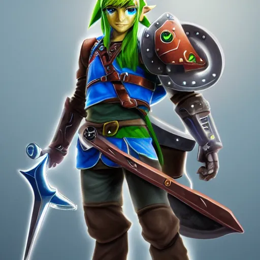 Image similar to link from zelda as a cyborg warrior robot