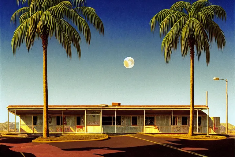 Image similar to natural american landscape | abandoned motel | palm trees | snowy mountains | moon in sky, painting by syd mead and weta studio and moebius and james jean and frank frazetta, highly detailed, rule of third, soft lighting, 8 k resolution, oil on canvas, architectural magazine, beautiful detailed, insanely intricate details, artstation trending, hypermaximalistic, high details, cinematic