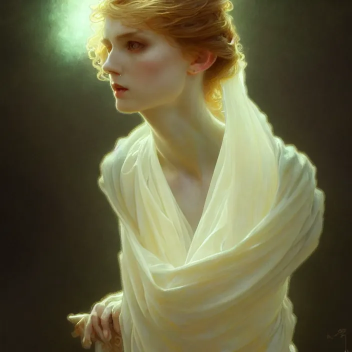 Image similar to translucent ghost, diffuse lighting, fantasy, intricate, elegant, highly detailed, lifelike, photorealistic, digital painting, artstation, illustration, concept art, smooth, sharp focus, art by John Collier and Albert Aublet and Krenz Cushart and Artem Demura and Alphonse Mucha