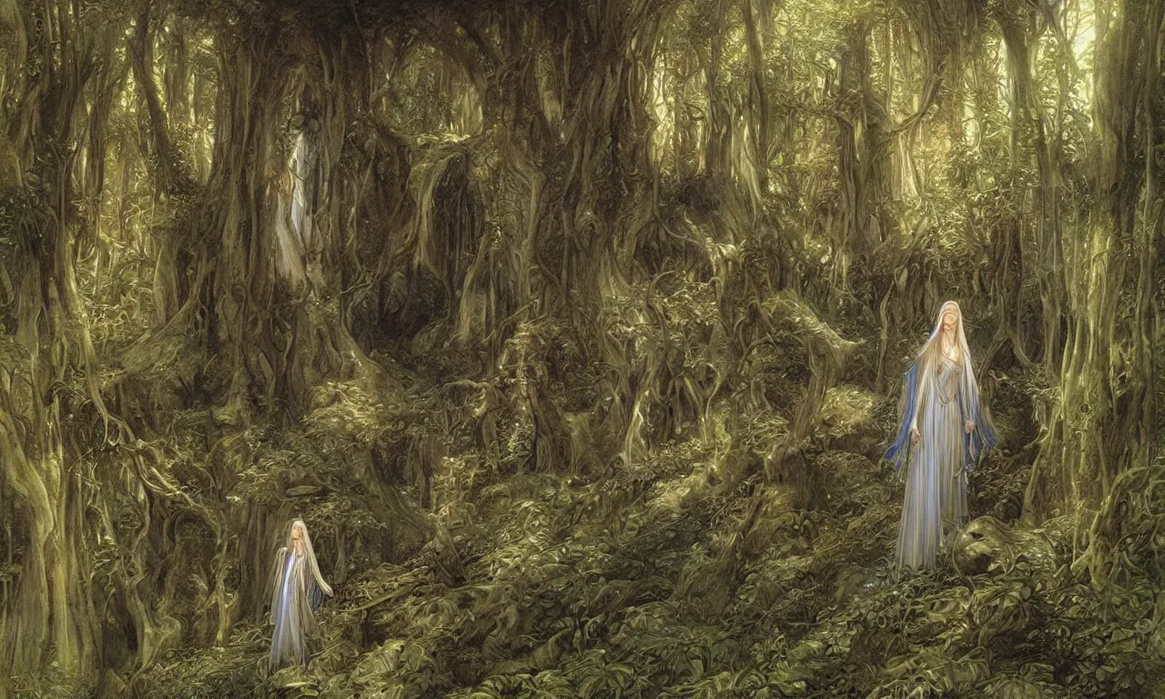 Image similar to Galadriel in Lothlórien, art by John Howe and Donato Giancola, fantasy illustration, Tolkein art