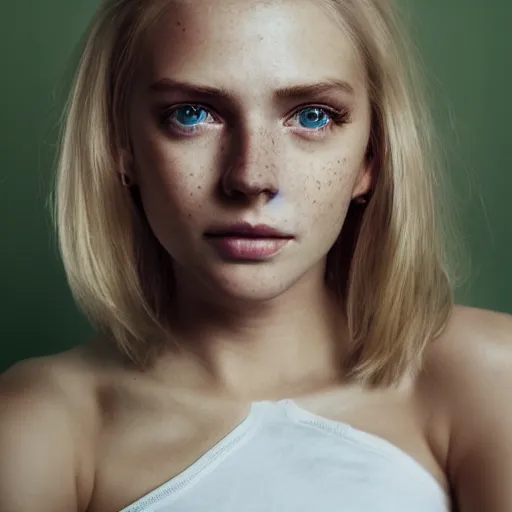 Image similar to Portrait of a Blonde Girl, Young Beautiful Face, Green Eyes, Freckles, Wearing a white crop-top and jeans, with a subtle smile, Detailed, 8K, Epic, Charming, Character, Octane Rendering, Hyper Realistic