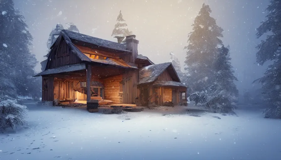 Image similar to old wooden house built in snowy forest with smoking chimney, evening, wood storage, hyperdetailed, artstation, cgsociety, 8 k