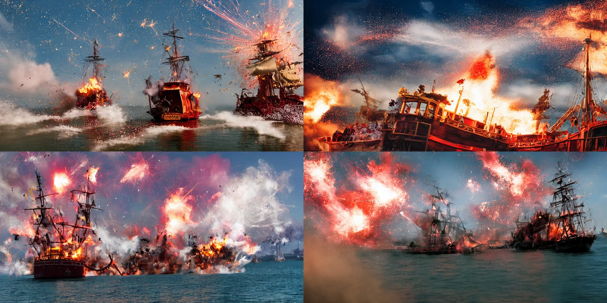 Prompt: action photography of an explosion on a pirate ship, evacuating paddle boats try to escape, fast shutter speed, high speed, VFX particle simulation, action photo, 1/1000 sec shutter