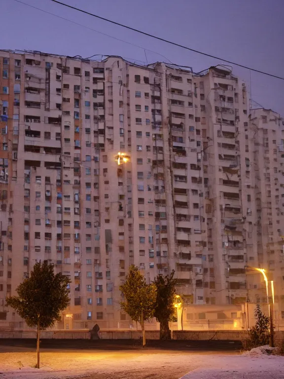 Image similar to film still of low residential building in russian suburbs, lights are on in the windows, deep night, post - soviet courtyard, cozy atmosphere, light fog, street lamps with orange light, several birches nearby, several elderly people stand at the entrance to the building