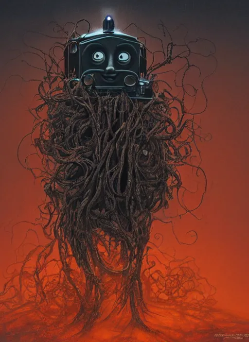 Image similar to thomas the tank engine in style of zdzisław beksinski, extremely dramatic lighting, 8 k, tendrils, black, darkness, black slime tendrils, infected, rust, body horror, thomas the train, thomas the tank engine face, horror,