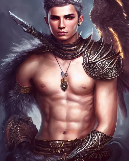 Image similar to a beautiful male warrior, 8 k, hyperrealistic, hyperdetailed, fantasy portrait by laura sava