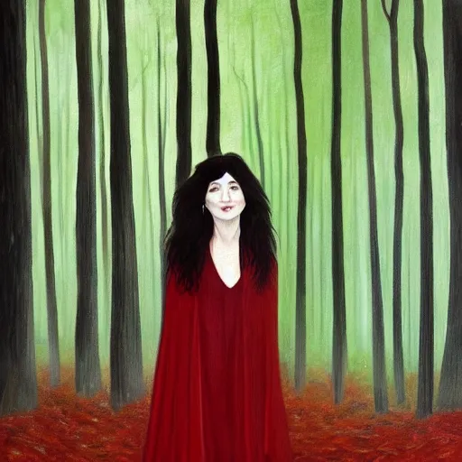 Image similar to kate bush standing in a red leafed a forest where no one is around to hear it, incredibly detailed oil painting, high octane, trending on artstation, incredible fineline, regal, fine art museum piece, drum scanner