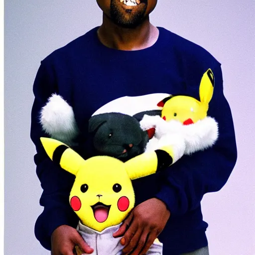 Image similar to kanye west smiling holding pikachu for a 1 9 9 0 s sitcom tv show, studio photograph, portrait c 1 2. 0