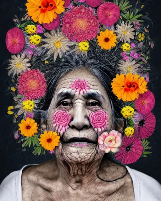 Prompt: a portrait of a beautiful fleshy old mexican woman who is surprised she is still alive, covered in flowers in the style of guiseppe arcimboldo and james jean, covered in wispy gray hair with a hint of neon, mixed media, hd, 3 d