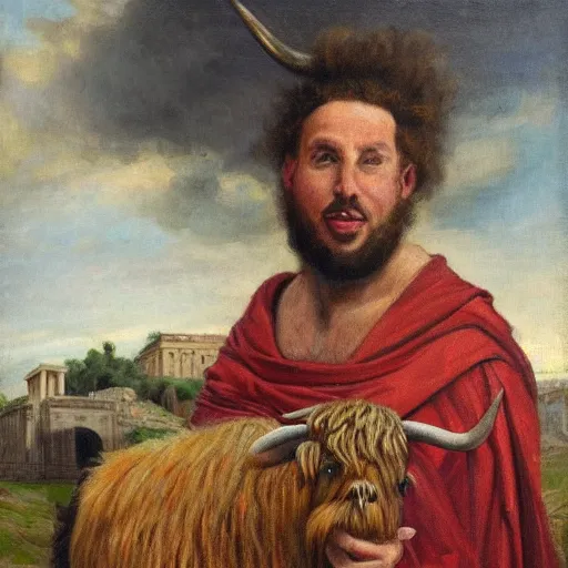 Prompt: idealized oil painting portrait of a man wearing a roman toga, posing with a highland cow, in the roman forum.