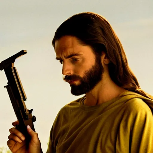 Prompt: jesus christ holding 2 guns