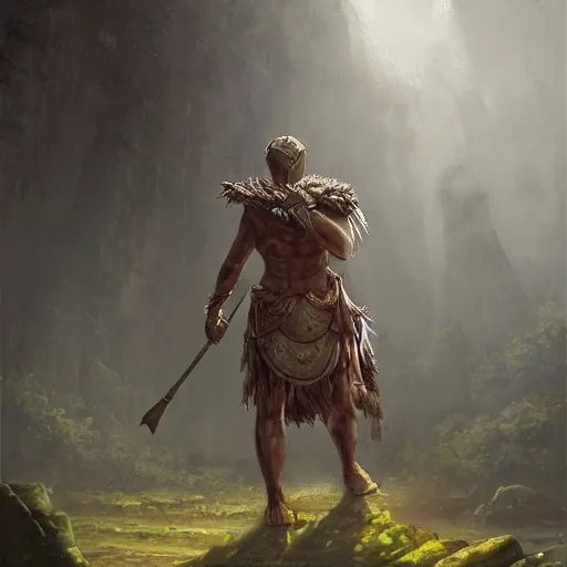 Prompt: a lone spartan warrior aftermatch scavenging for food in the wilderness casper david friedrich raphael lacoste vladimir kush leis royo volumetric light effect broad light oil painting painting fantasy art style sci - fi art style realism artwork unreal engine