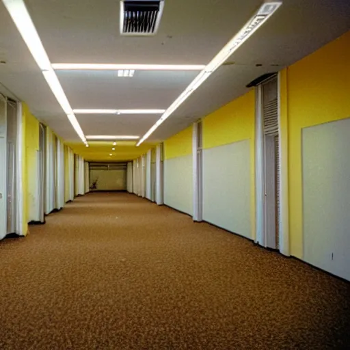 Image similar to 1 9 9 0 s vhs tape still, interior of an empty office building, long corridor with empty rooms, old faded yellow wallpaper, carpet, fluorescent light, suspended ceiling, creepy