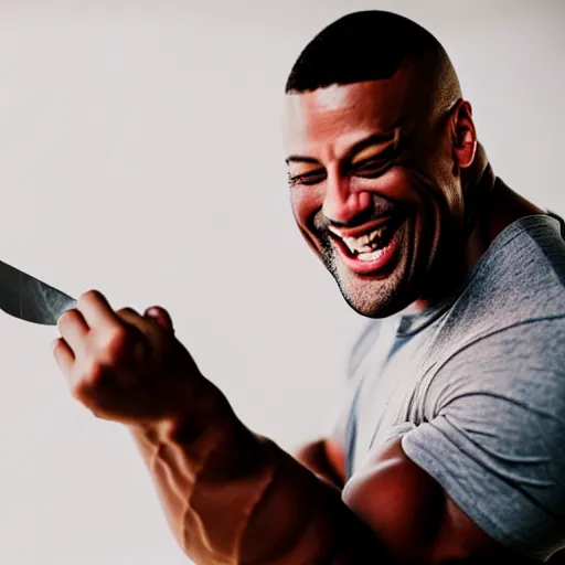 Image similar to Dwaye the rock johnson smiling with a knife in his hand