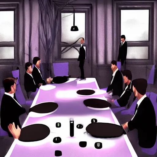 Image similar to HD render of shadow figures in suits sitting around a table in an occultic lair scheming and plotting, Ultra realistic digital art painting trending on artstation, photo realistic, black and purple colour scheme