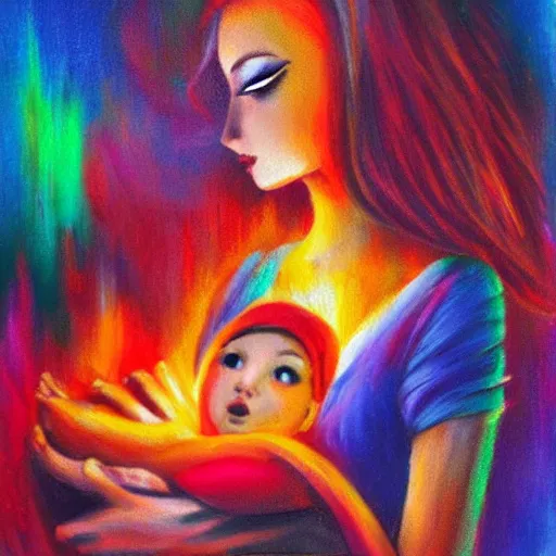 Image similar to beautiful woman cradling her child made of colorful fire by stanley lau, elegant, colorful, loving