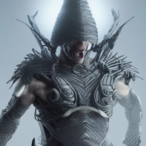 Image similar to hyper realistic, highly detailed hybrid of raiden from mortal kombat, and raiden from metal gear solid wearing a conical rice hat. portrait, stephen bliss, unreal engine, greg rutkowski, beeple global illumination, translucent, sub - surface scattering, detailed and intricate environment