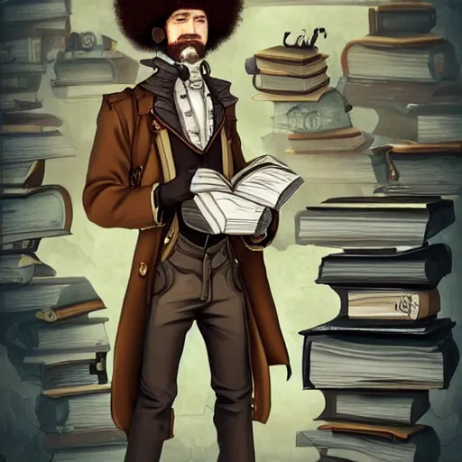 Prompt: a full shot of a steampunk Bob Ross with a black bob hair style holding a stack of books, standing in a steampunk reading room. in a steampunk reading room. digital illustration, soft lighting lighting, 8K, anime, trending on ArtStation, digital art. @MarioManiacDude