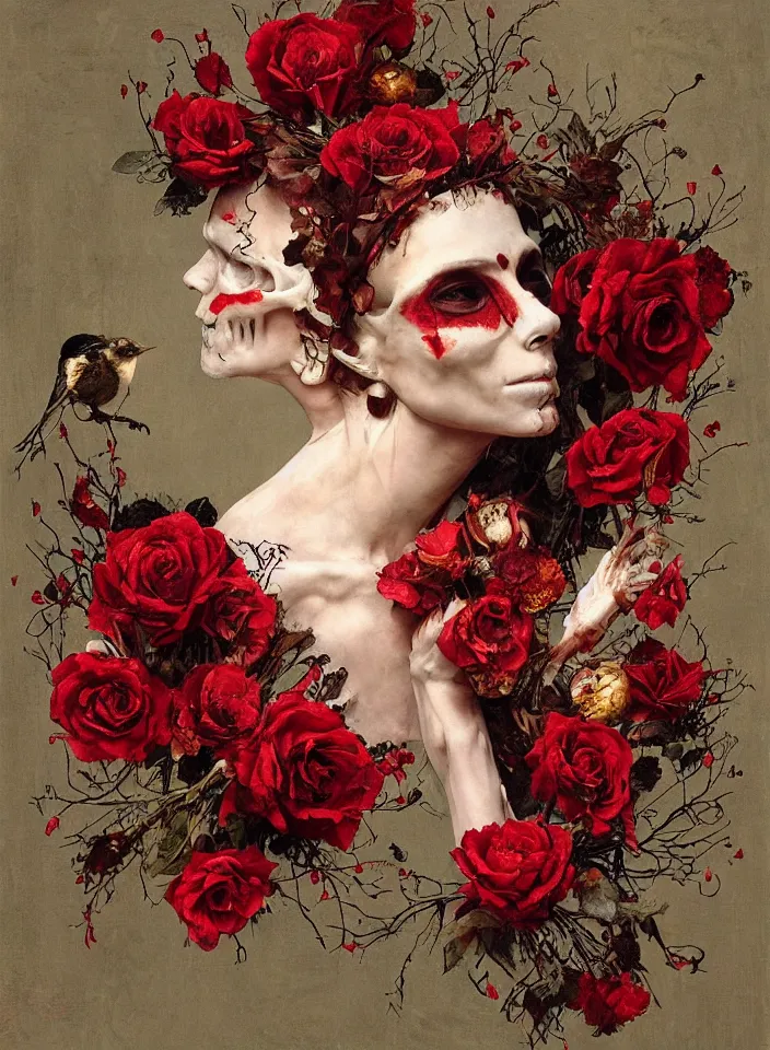 Prompt: transparent woman in a mask of a bird\'s skull with a wreath of roses, dressed in a dress of red boiling liquid wax, from under which the bones of the skeleton are visible, flying around the bird, buds and rose petals, dark background, painted by Caravaggio, Greg rutkowski, Sachin Teng, Thomas Kindkade, Alphonse Mucha, Norman Rockwell, Tom Bagshaw.