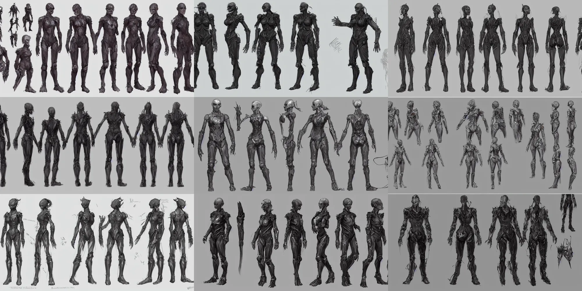 Prompt: character concept art : : character design sheet : : character model sheet : : augmented limbs, exoskeleton, artstation