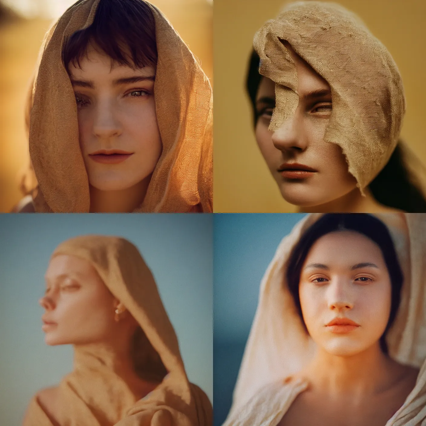 Prompt: analog head and shoulder portrait photography of a woman covered in linen cloth by maxim nikolaev. kodak film. ( depth of field ). whirl bokeh!!. golden hour. detailed. hq. realistic. muted colors. lens flare. mamiya 7 ii, f / 1. 2, symmetrical balance, in - frame