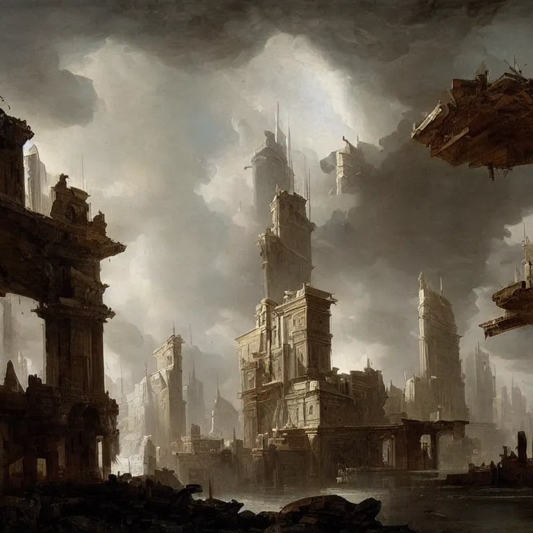 Image similar to a sprawling white fantastical city on the edge of a black hole painted by hubert robert