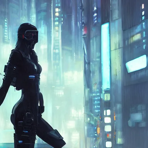 Image similar to cyberpunk razorgirl, pavewalk, scifi, megacity background, neuromancer, dramatic lighting, painted by raymond swanland, painted by greg rutkowski, painted by jeremy mann, painted by artgerm, painted by igor kieryluk, trending on artstation