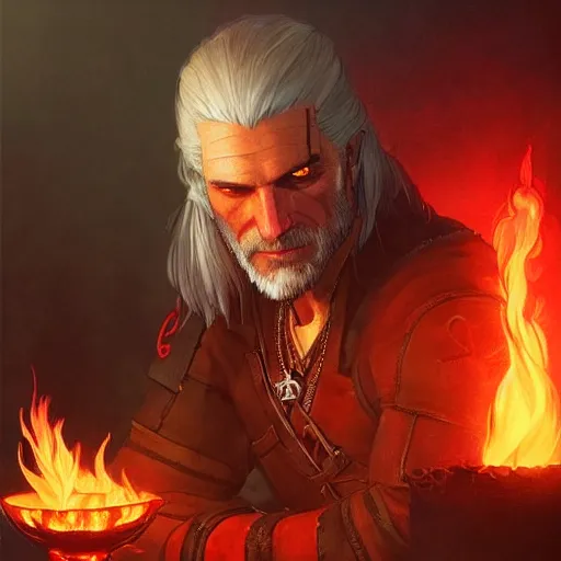 Image similar to geralt the witcher 3 sitting in the burning smoking fire at night beautiful warmth hot d & d fantasy intricate elegant highly detailed digital painting artstation concept art matte sharp focus illustration hearthstone art by artgerm art by greg rutkowski art by alphonse mucha