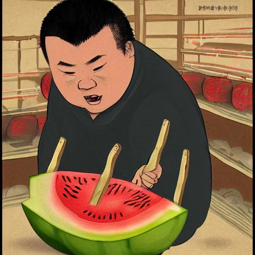 Prompt: a chinese fat guy being stabbed by a long blade in a melon stall.digital art,trending on artstation.