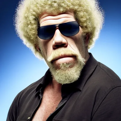 Image similar to ron perlman with a giant red curly afro with a handlebar mustache while wearing a light - blue collared shirt in the foreground, a blank canvas is right behind him, with a void white background, realistic, hyperrealistic, 8 k resolution, hd quality, very detailed, highly detailed, intricate details, real life, real world, trending on artstation